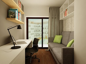 Projekty - Małe w osobnym pomieszczeniu z sofą z zabudowanym biurkiem białe szare biuro - zdjęcie od Ogrody i Wnętrza