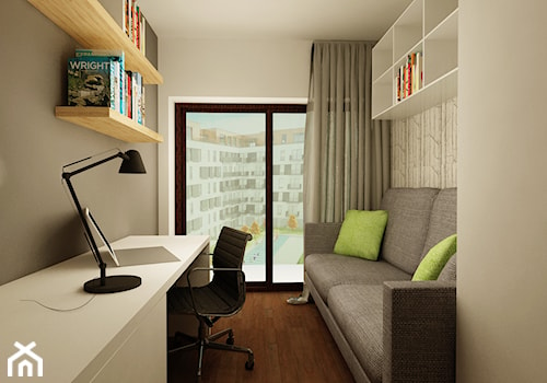 Projekty - Małe w osobnym pomieszczeniu z sofą z zabudowanym biurkiem białe szare biuro - zdjęcie od Ogrody i Wnętrza