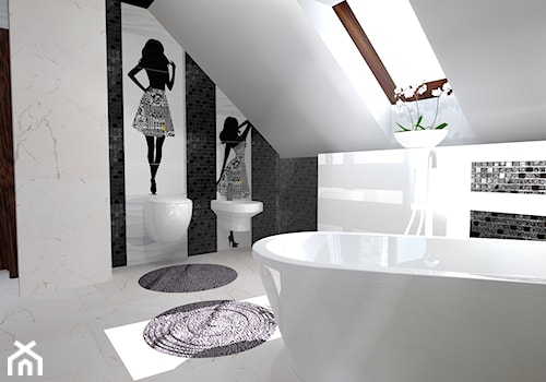 Projekty - Średnia na poddaszu jako pokój kąpielowy ze szkłem na ścianie z marmurową podłogą łazienka z oknem - zdjęcie od Ogrody i Wnętrza