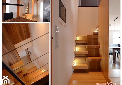 Mieszkanie singla - konkurs - Schody dwubiegowe drewniane, styl minimalistyczny - zdjęcie od Pracownia MO-B
