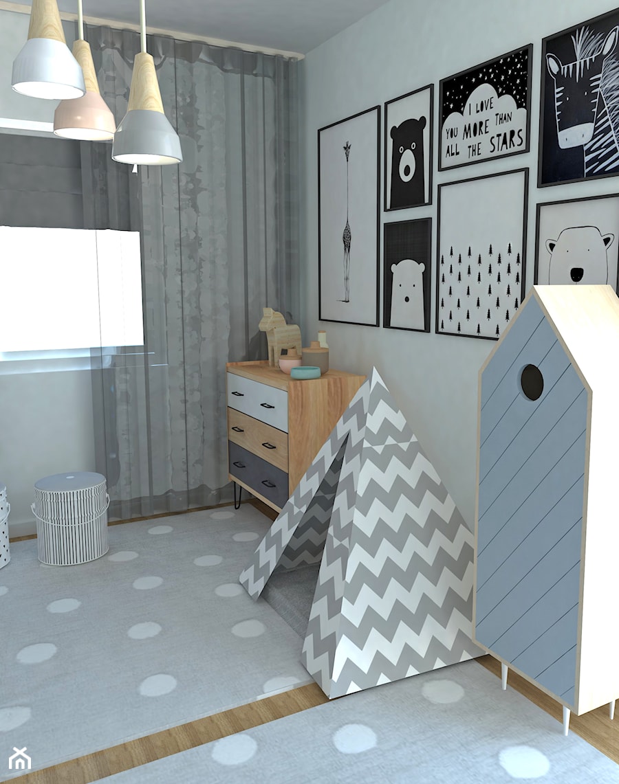 Pokój Malucha - Średni szary pokój dziecka dla dziecka dla chłopca dla dziewczynki, styl skandynawski - zdjęcie od Studio WYMIAR