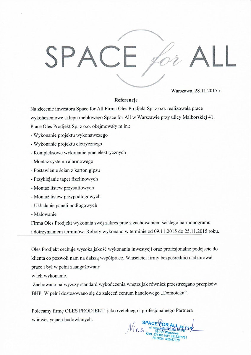 Referencje Space For All Warszawa - zdjęcie od Oles Project Sp. z o.o. Remonty i Wykończenia