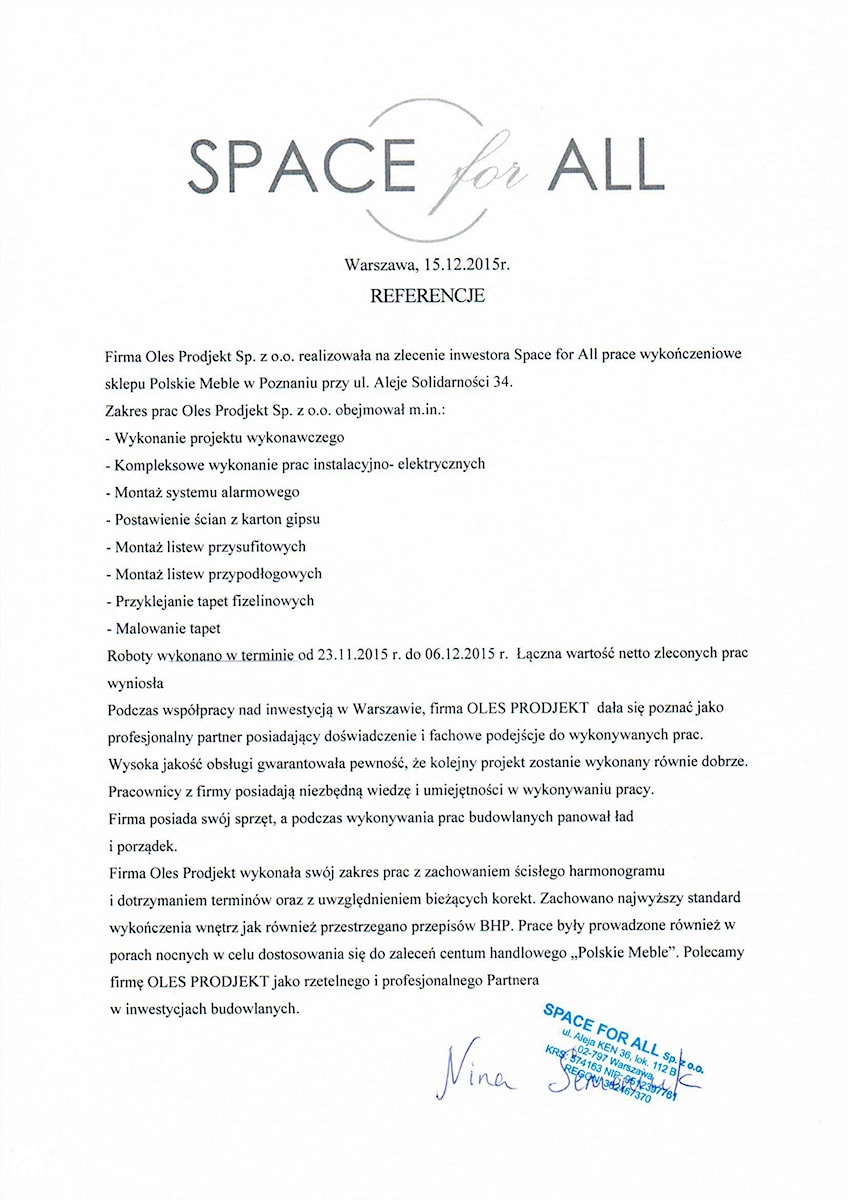 Referencje Space For All Poznań - zdjęcie od Oles Project Sp. z o.o. Remonty i Wykończenia