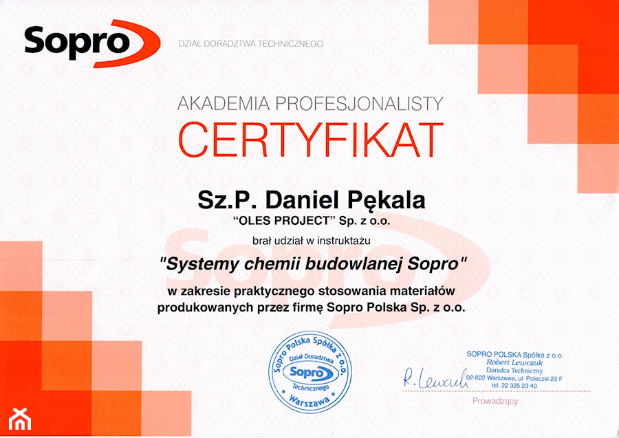 Certyfikat Sopro - zdjęcie od Oles Project Sp. z o.o. Remonty i Wykończenia