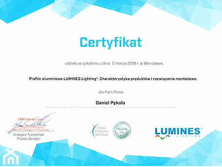 Aranżacje wnętrz - : Certyfikat Profile Aluminiowe Lumines Lighting - Oles Project Sp. z o.o. Remonty i Wykończenia. Przeglądaj, dodawaj i zapisuj najlepsze zdjęcia, pomysły i inspiracje designerskie. W bazie mamy już prawie milion fotografii!