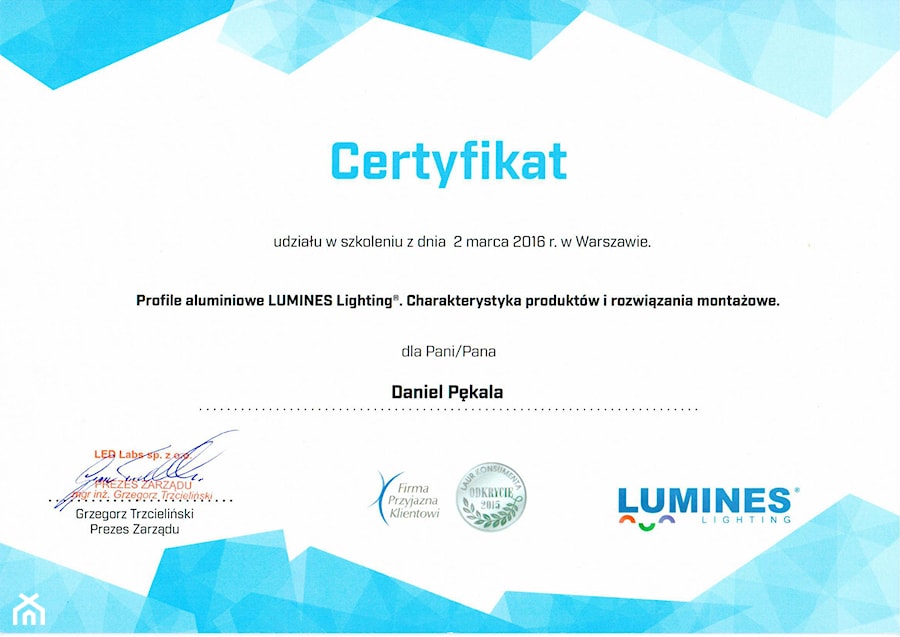 Certyfikat Profile Aluminiowe Lumines Lighting - zdjęcie od Oles Project Sp. z o.o. Remonty i Wykończenia
