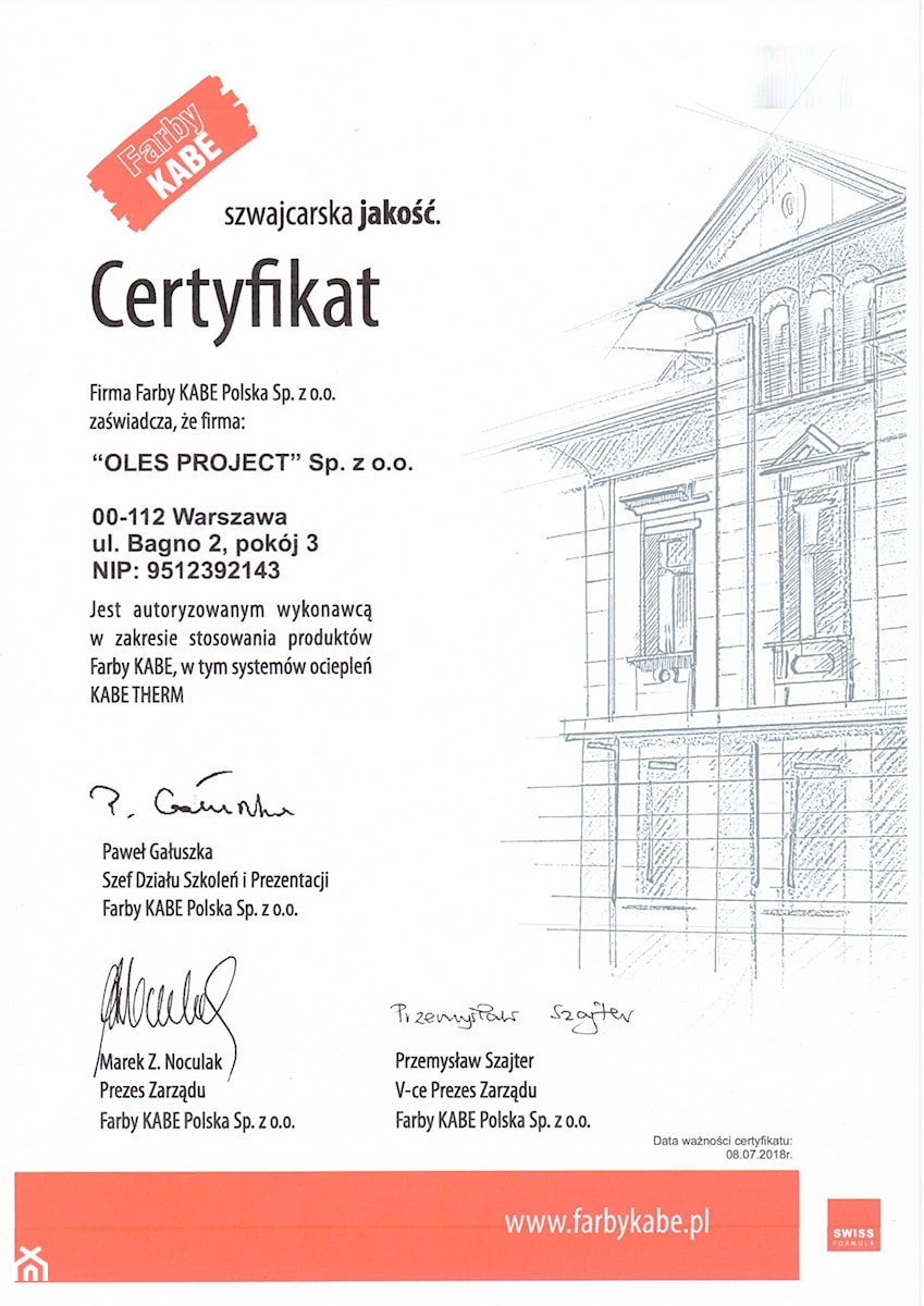 Certyfikat Farb KABE - zdjęcie od Oles Project Sp. z o.o. Remonty i Wykończenia