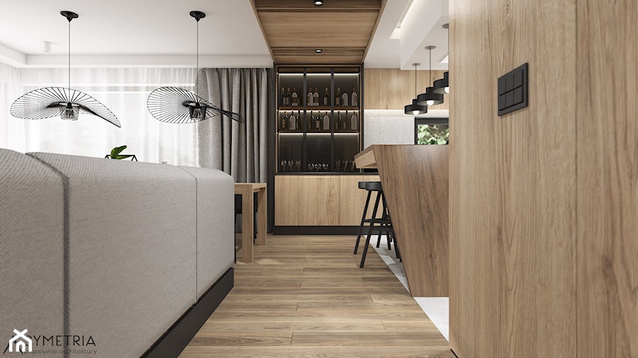 SALON Z JADALNIĄ I KUCHNIĄ || 60m2 - Biały salon z kuchnią z jadalnią z barkiem - zdjęcie od SYMETRIA | pracownia architektury