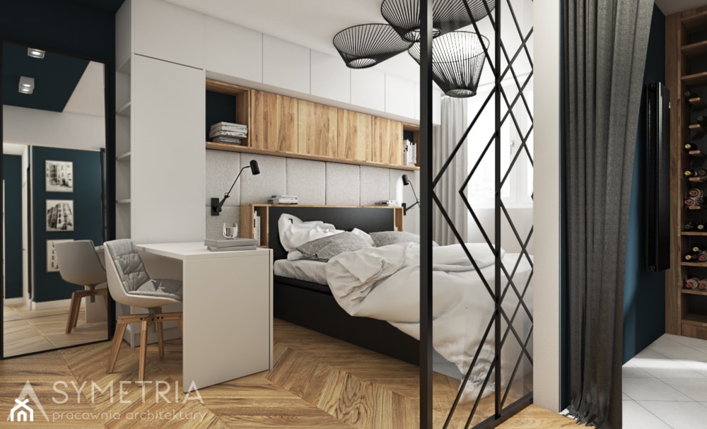 MIESZKANIE 48m2 // BUK - Duża biała z biurkiem sypialnia, styl nowoczesny - zdjęcie od SYMETRIA | pracownia architektury - Homebook