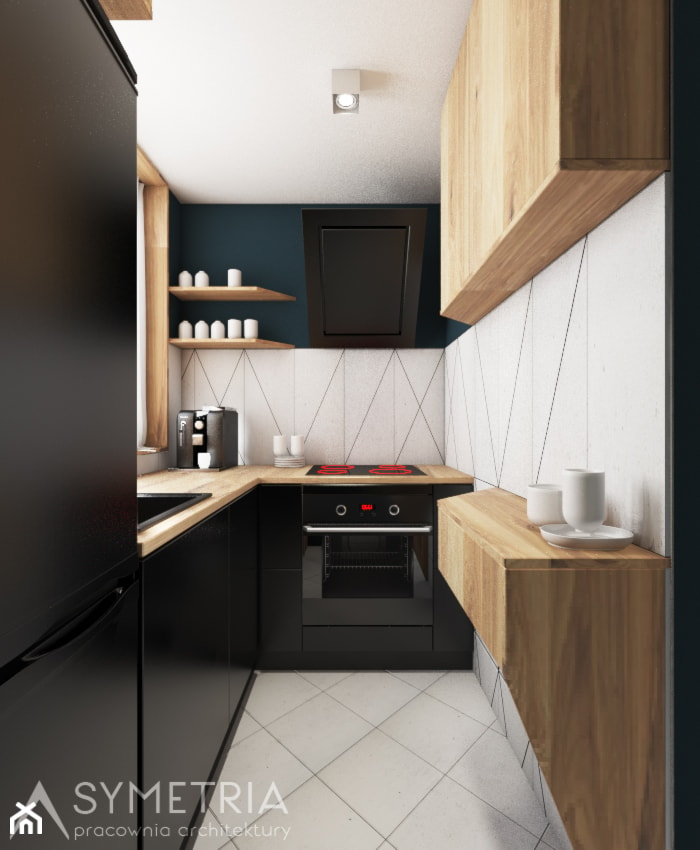MIESZKANIE 48m2 // BUK - Mała zamknięta biała czarna z zabudowaną lodówką z lodówką wolnostojącą z nablatowym zlewozmywakiem kuchnia w kształcie litery u z oknem, styl nowoczesny - zdjęcie od SYMETRIA | pracownia architektury