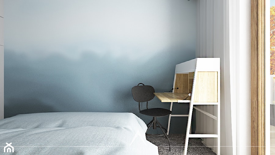 SYPIALNIA | MIESZKANIE 78m2 - Mała z biurkiem sypialnia z balkonem / tarasem - zdjęcie od SYMETRIA | pracownia architektury