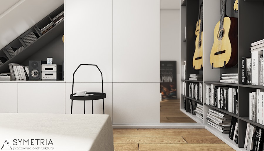 POKÓJ MUZYKA 13m2 - Średnia biała szara sypialnia na poddaszu - zdjęcie od SYMETRIA | pracownia architektury
