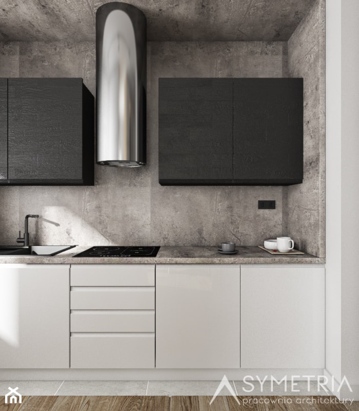 MIESZKANIE | MOUNTAIN - Mała z salonem z kamiennym blatem biała szara z zabudowaną lodówką z podblatowym zlewozmywakiem kuchnia jednorzędowa - zdjęcie od SYMETRIA | pracownia architektury