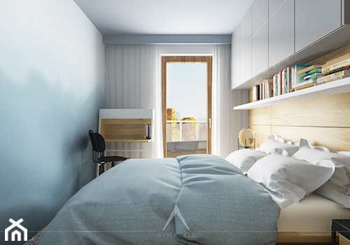 SYPIALNIA | MIESZKANIE 78m2 - Mała beżowa niebieska z biurkiem sypialnia z balkonem / tarasem - zdjęcie od SYMETRIA | pracownia architektury