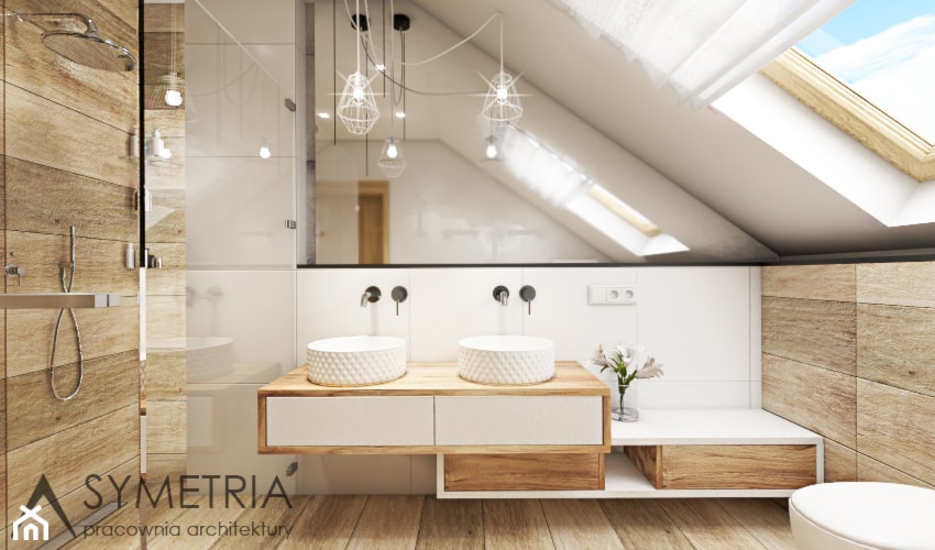 ŁAZIENKA | DOM JEDNORODZINNY - Średnia na poddaszu z dwoma umywalkami łazienka z oknem - zdjęcie od SYMETRIA | pracownia architektury