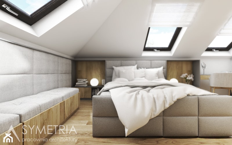 SYPIALNIA NA PODDASZU | DOM JEDNORODZINNY - Średnia biała sypialnia na poddaszu - zdjęcie od SYMETRIA | pracownia architektury