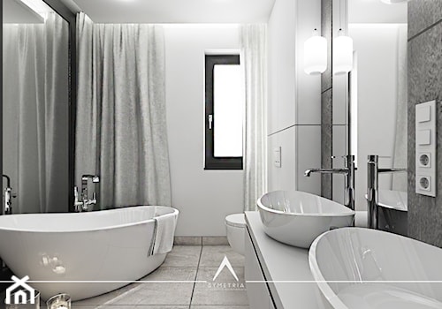 ŁAZIENKA SALONOWA - Średnia na poddaszu z lustrem z dwoma umywalkami łazienka z oknem, styl nowoczesny - zdjęcie od SYMETRIA | pracownia architektury
