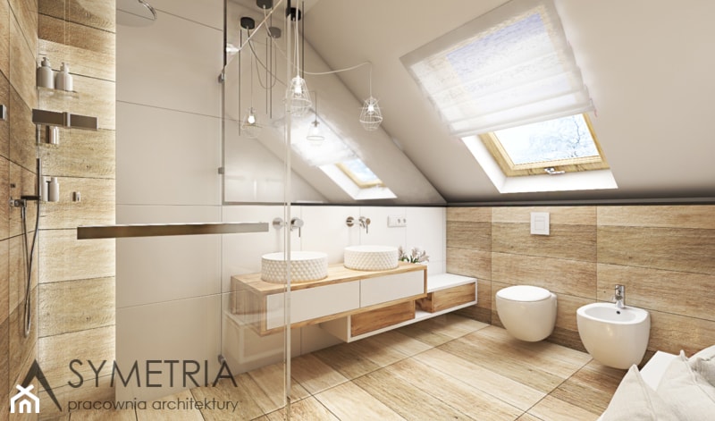 ŁAZIENKA | DOM JEDNORODZINNY - Średnia na poddaszu z dwoma umywalkami łazienka z oknem - zdjęcie od SYMETRIA | pracownia architektury