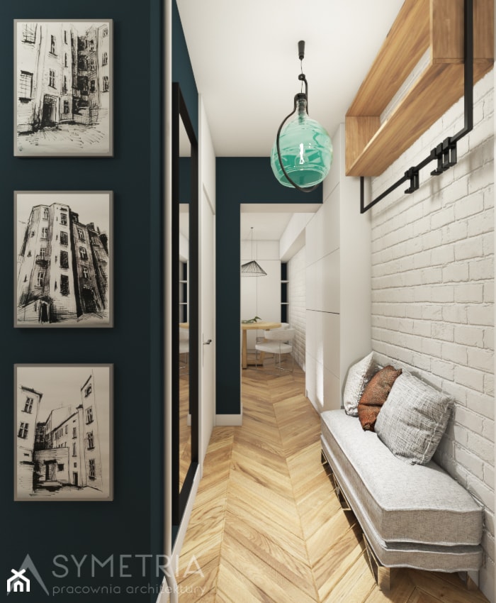 MIESZKANIE 48m2 // BUK - Mały z wieszakiem biały zielony hol / przedpokój, styl nowoczesny - zdjęcie od SYMETRIA | pracownia architektury