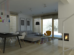 Duży biały salon z jadalnią z tarasem / balkonem, styl skandynawski - zdjęcie od MANUstudio • projektowanie wnętrz