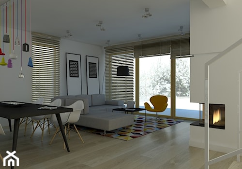 Duży biały salon z jadalnią z tarasem / balkonem, styl skandynawski - zdjęcie od MANUstudio • projektowanie wnętrz