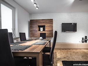 Realizacja projektu/jasno i przestrzennie - Średnia szara jadalnia w salonie, styl skandynawski - zdjęcie od MANUstudio • projektowanie wnętrz