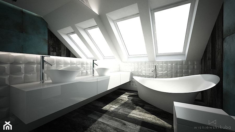 ŁAZIENKA TRZY KOLORY / CYKARZEW PÓŁNOCNY - Średnia na poddaszu z dwoma umywalkami łazienka z oknem, styl nowoczesny - zdjęcie od wisniewskikuba