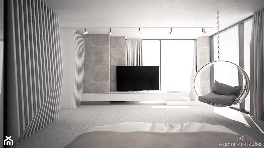 DOM JEDNORODZINNY / CZĘSTOCHOWA 283M2 - Duża beżowa szara sypialnia na antresoli z balkonem / tarasem, styl nowoczesny - zdjęcie od wisniewskikuba