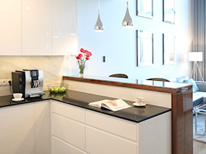Ekspresy - Mała otwarta z salonem z kamiennym blatem szara z lodówką wolnostojącą kuchnia w kształcie litery l z oknem z marmurem nad blatem kuchennym, styl nowoczesny - zdjęcie od Jura