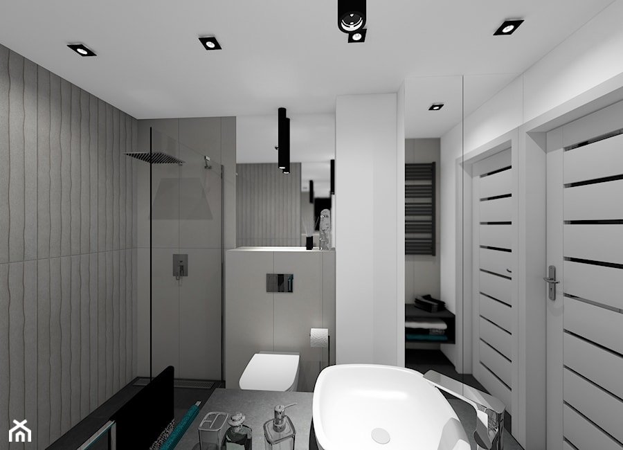 mieszkanie 32 m2 - Mała na poddaszu bez okna z lustrem łazienka - zdjęcie od BushkoProjekt