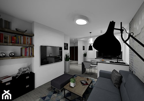 mieszkanie 32 m2 - Średni biały salon z kuchnią z jadalnią z bibiloteczką - zdjęcie od BushkoProjekt
