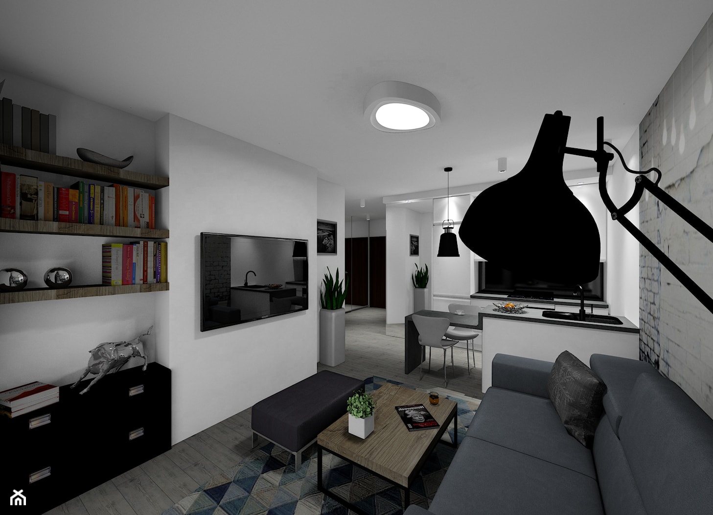 mieszkanie 32 m2 - Średni biały salon z kuchnią z jadalnią z bibiloteczką - zdjęcie od BushkoProjekt - Homebook