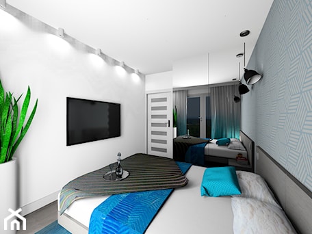 Aranżacje wnętrz - Sypialnia: mieszkanie 59 m2 - Średnia biała niebieska sypialnia - BushkoProjekt. Przeglądaj, dodawaj i zapisuj najlepsze zdjęcia, pomysły i inspiracje designerskie. W bazie mamy już prawie milion fotografii!
