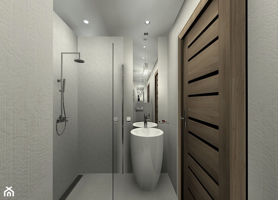 mieszkanie 35,8m2 lublin - Mała na poddaszu bez okna z marmurową podłogą łazienka, styl minimalistyczny - zdjęcie od BushkoProjekt
