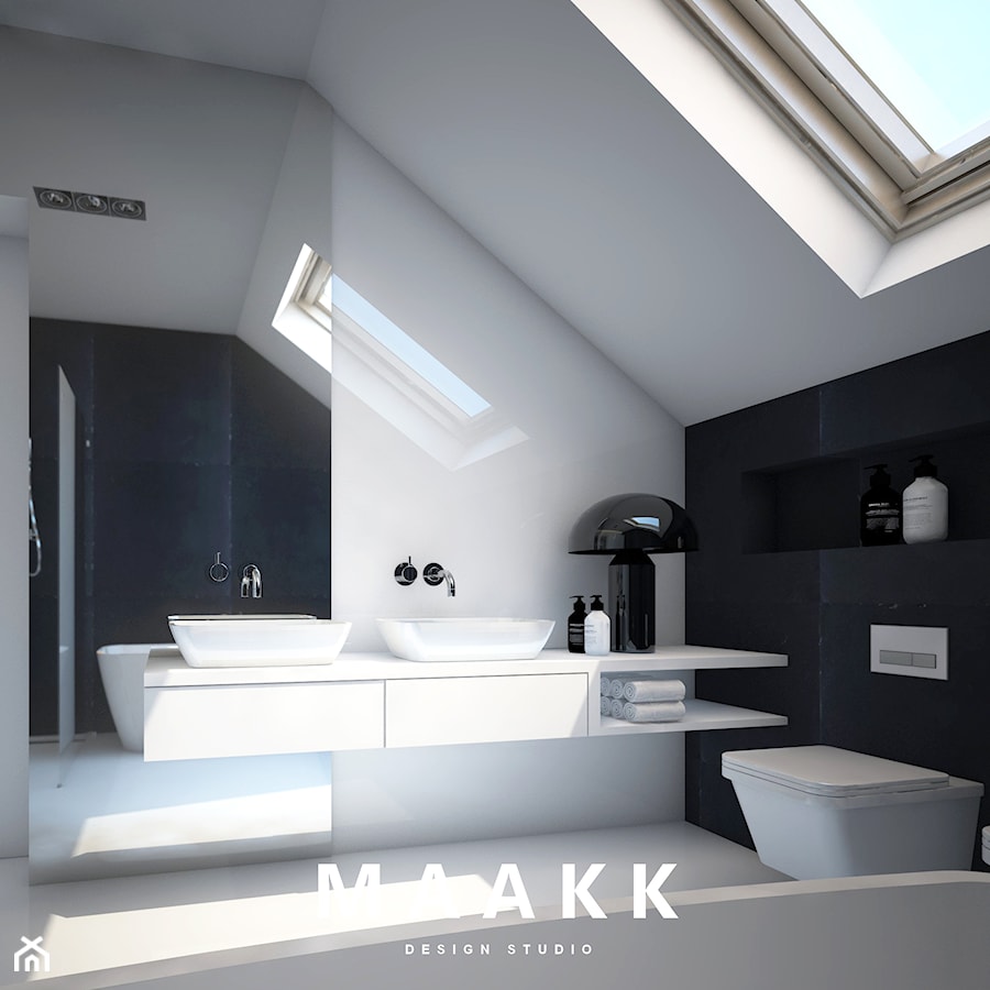 Ultra nowoczesna łazienka - Mała na poddaszu z dwoma umywalkami łazienka z oknem, styl nowoczesny - zdjęcie od MAAKK STUDIO ANNA KAMECKA