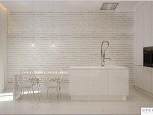 kuchnia z jadalnią, minimalistyczna, z biała cegla - zdjęcie od MARIA STECKA - architekt wnetrz - STECKAINTERIOR
