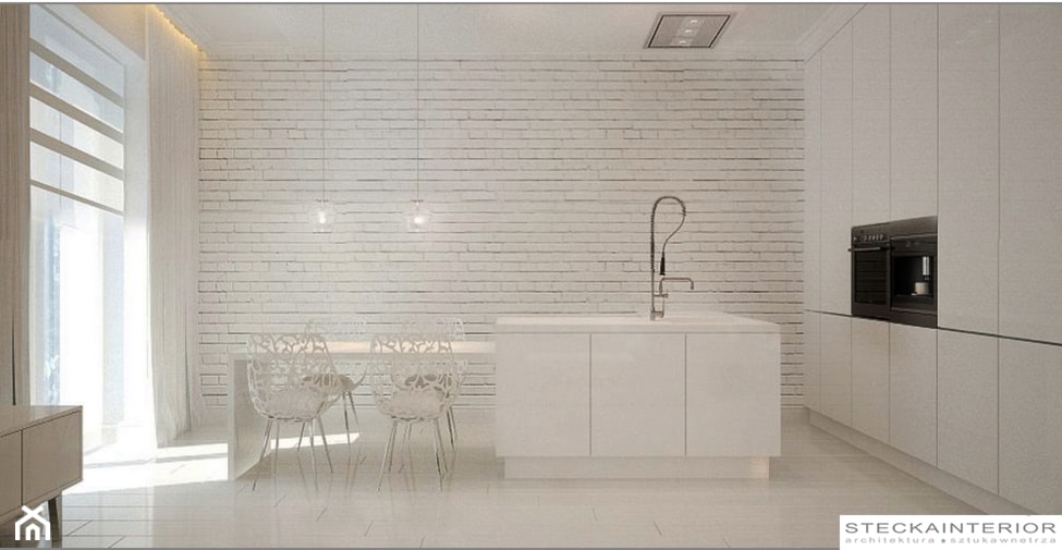 kuchnia z jadalnią, minimalistyczna, z biała cegla - zdjęcie od MARIA STECKA - architekt wnetrz - STECKAINTERIOR - Homebook