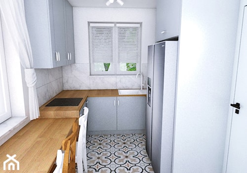 Dom w Różynach · Projekt - Mała zamknięta biała z zabudowaną lodówką z podblatowym zlewozmywakiem kuchnia w kształcie litery l z oknem, styl nowoczesny - zdjęcie od WOJSZ studio