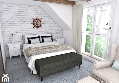 Dom w Gdańsku · Projekt - Średnia biała sypialnia na poddaszu, styl nowoczesny - zdjęcie od WOJSZ studio