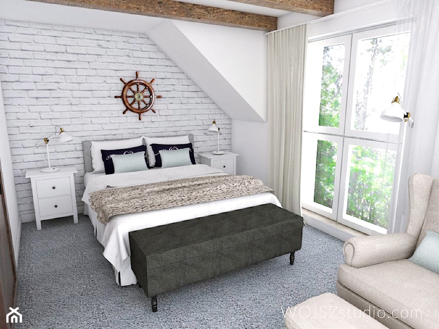 Dom w Gdańsku · Projekt - Średnia biała sypialnia na poddaszu, styl nowoczesny - zdjęcie od WOJSZ studio
