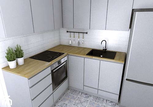 Mieszkanie w Gdańsku · Projekt - Mała otwarta biała z zabudowaną lodówką z nablatowym zlewozmywakiem kuchnia w kształcie litery l, styl nowoczesny - zdjęcie od WOJSZ studio