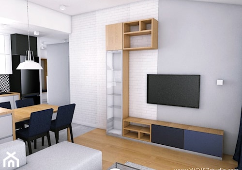 Mieszkanie w Gdyni · Projekt - Średni biały szary salon z kuchnią z jadalnią, styl nowoczesny - zdjęcie od WOJSZ studio