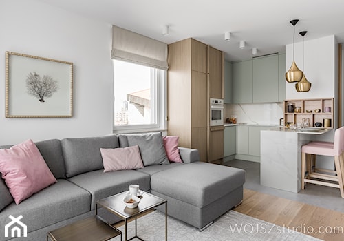 Mieszkanie w Gdańsku · Realizacja - Średni biały salon z kuchnią z jadalnią, styl nowoczesny - zdjęcie od WOJSZ studio