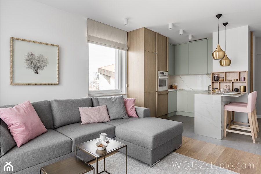 Mieszkanie w Gdańsku · Realizacja - Średni biały salon z kuchnią z jadalnią, styl nowoczesny - zdjęcie od WOJSZ studio