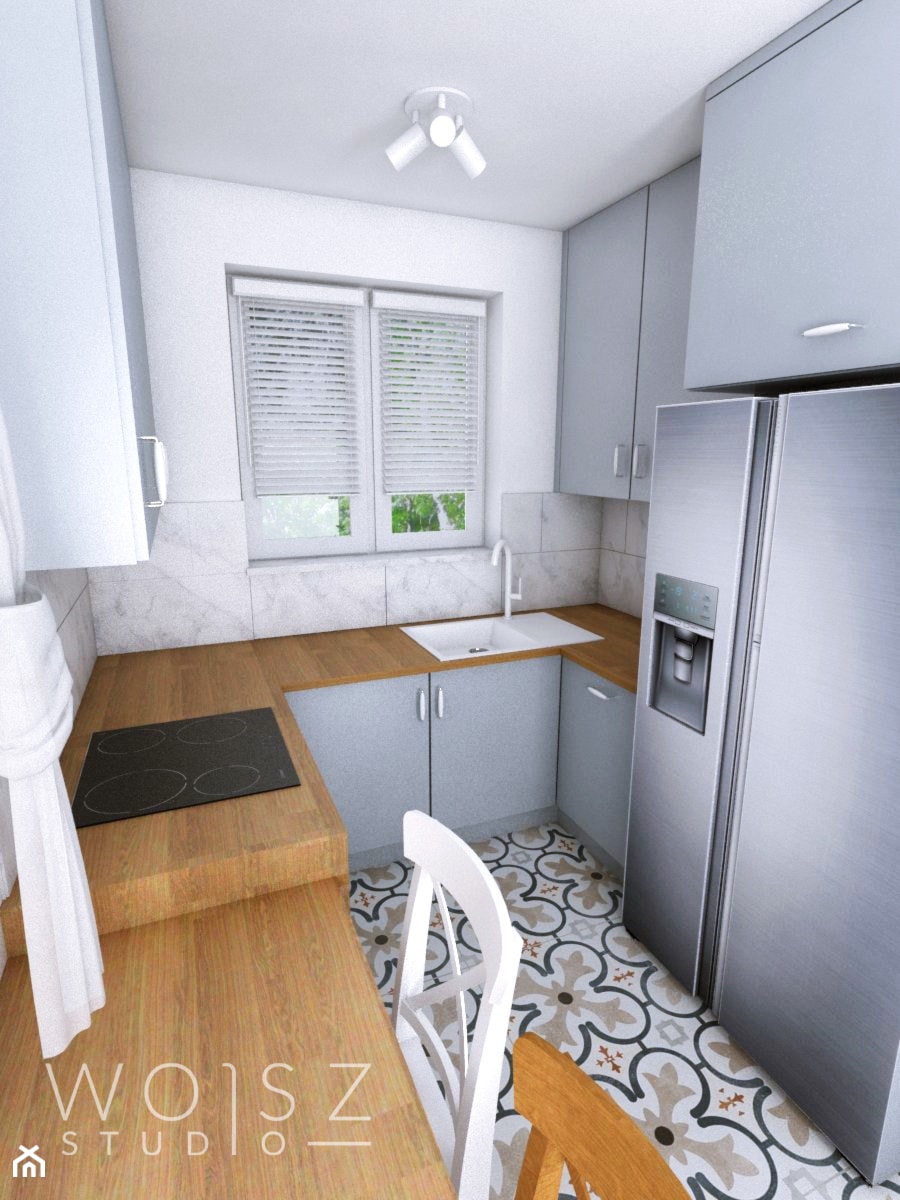 Dom w Różynach · Projekt - Mała zamknięta biała z zabudowaną lodówką z nablatowym zlewozmywakiem kuchnia w kształcie litery u z oknem, styl nowoczesny - zdjęcie od WOJSZ studio