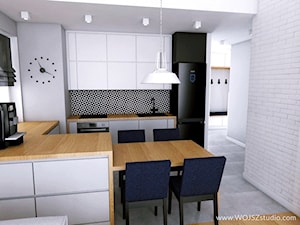 Mieszkanie w Gdyni · Projekt - Średnia otwarta z salonem biała czarna szara z zabudowaną lodówką z lodówką wolnostojącą z nablatowym zlewozmywakiem kuchnia w kształcie litery u z oknem, styl nowoczesny - zdjęcie od WOJSZ studio
