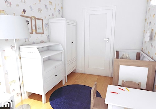 Mieszkanie w Gdyni · Projekt - Mały biały szary pokój dziecka dla niemowlaka dla chłopca dla dziewczynki, styl skandynawski - zdjęcie od WOJSZ studio