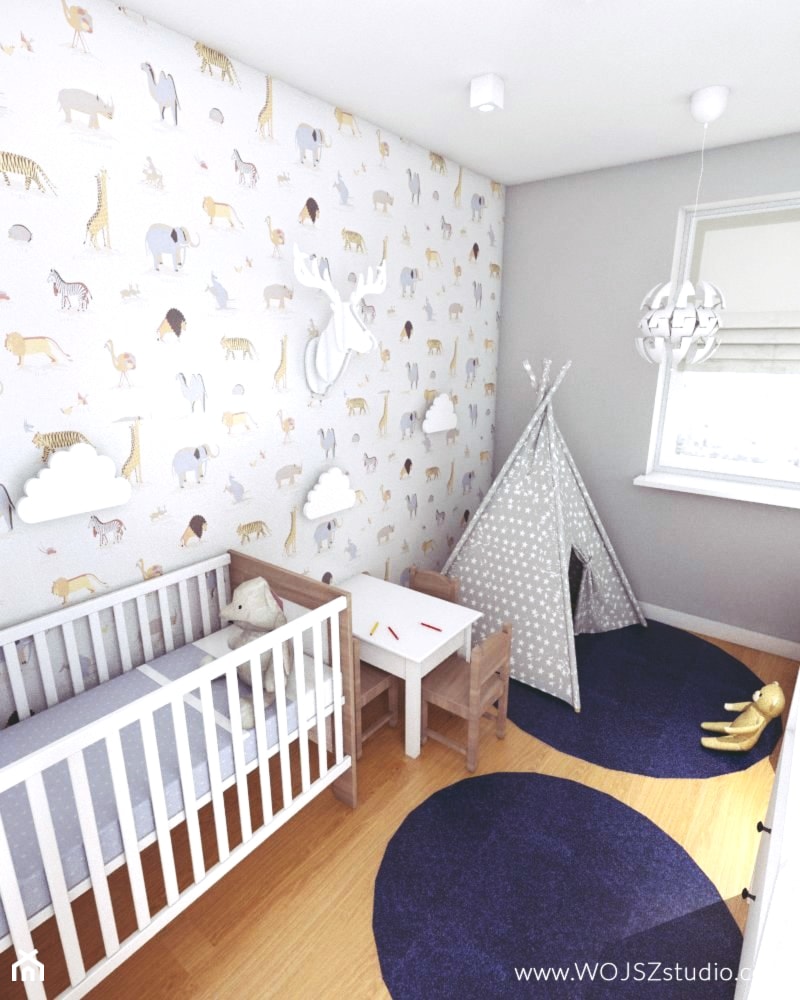 Mieszkanie w Gdyni · Projekt - Mały biały szary pokój dziecka dla niemowlaka dla chłopca dla dziewczynki, styl skandynawski - zdjęcie od WOJSZ studio