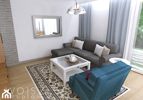 Dom w Różynach · Projekt - Mały biały salon z tarasem / balkonem, styl rustykalny - zdjęcie od WOJSZ studio