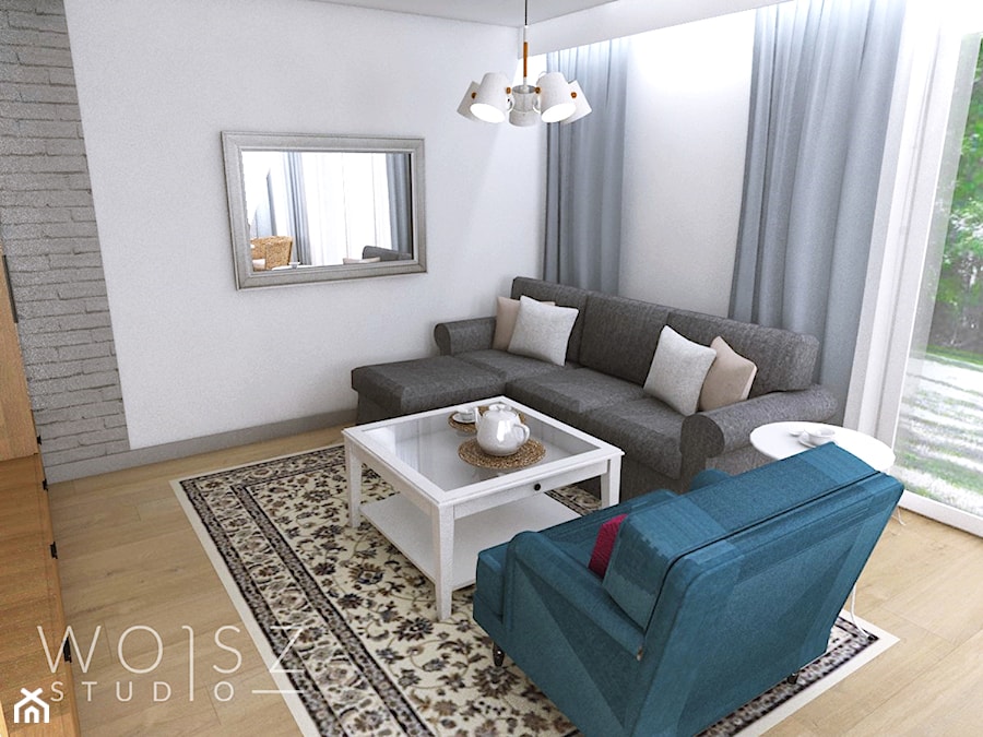 Dom w Różynach · Projekt - Mały biały salon z tarasem / balkonem, styl rustykalny - zdjęcie od WOJSZ studio